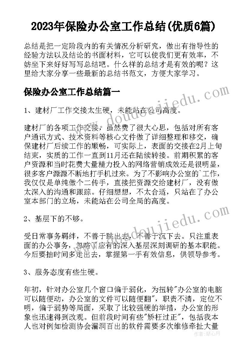 2023年保险办公室工作总结(优质6篇)