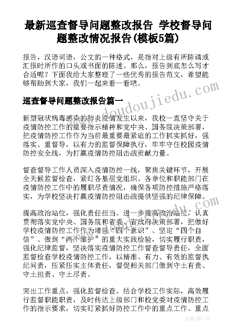 最新巡查督导问题整改报告 学校督导问题整改情况报告(模板5篇)