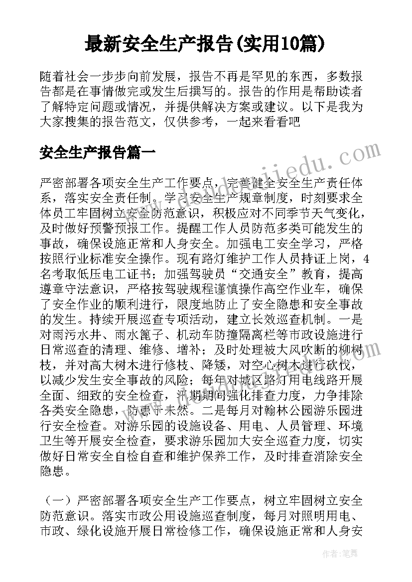 最新安全生产报告(实用10篇)