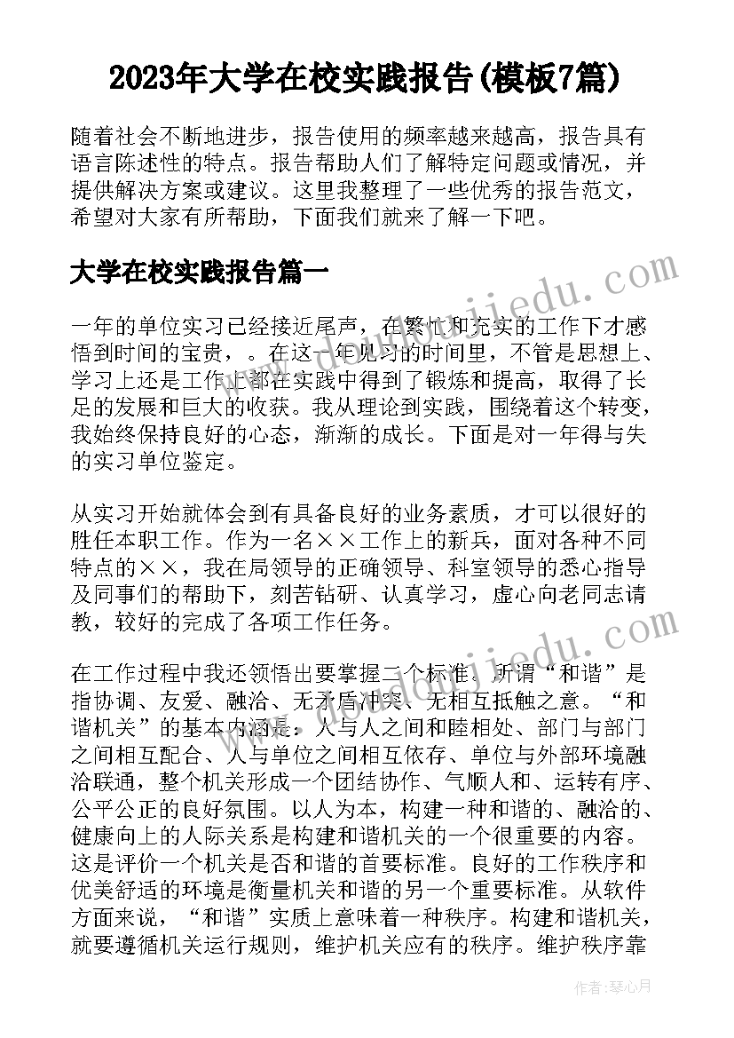 2023年大学在校实践报告(模板7篇)