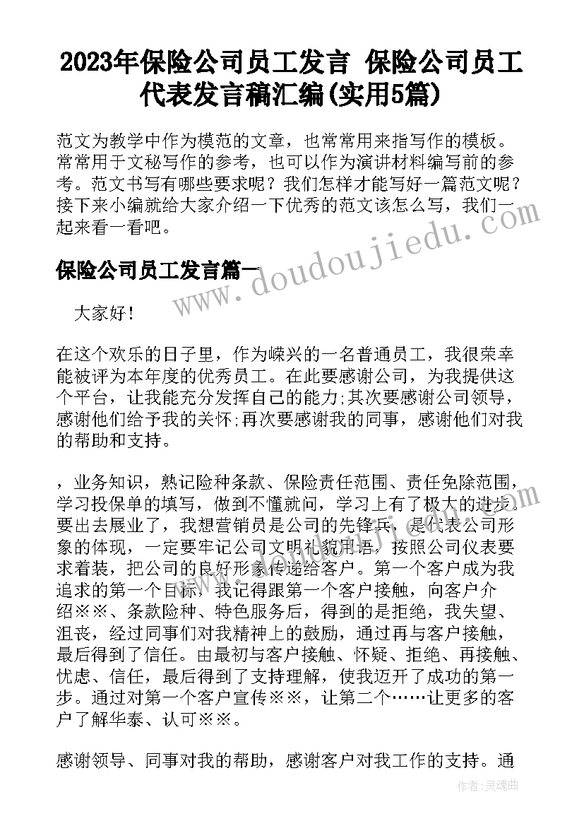 2023年保险公司员工发言 保险公司员工代表发言稿汇编(实用5篇)