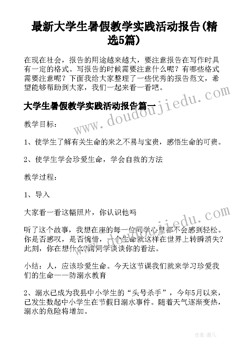 最新大学生暑假教学实践活动报告(精选5篇)