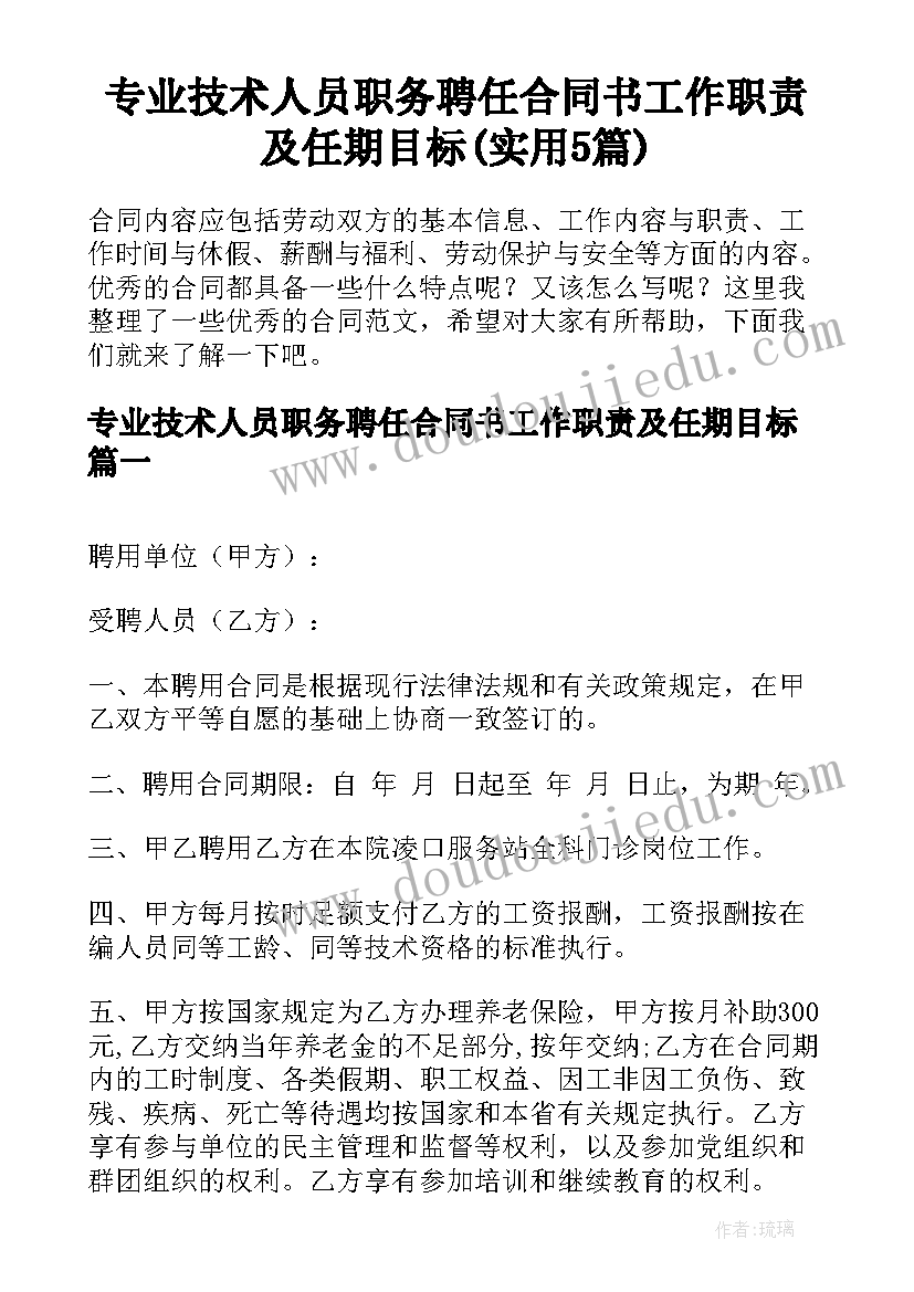 专业技术人员职务聘任合同书工作职责及任期目标(实用5篇)