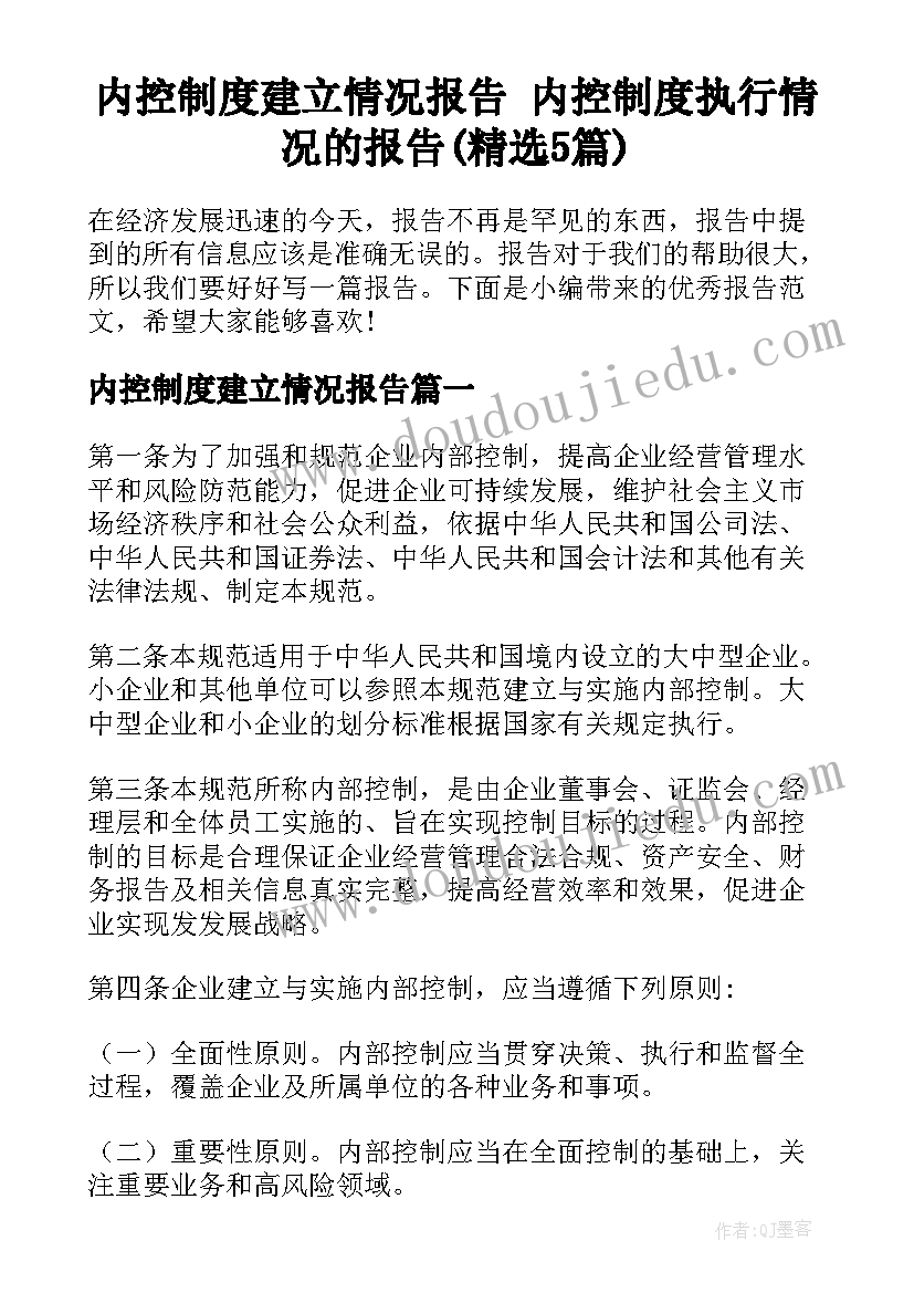 内控制度建立情况报告 内控制度执行情况的报告(精选5篇)