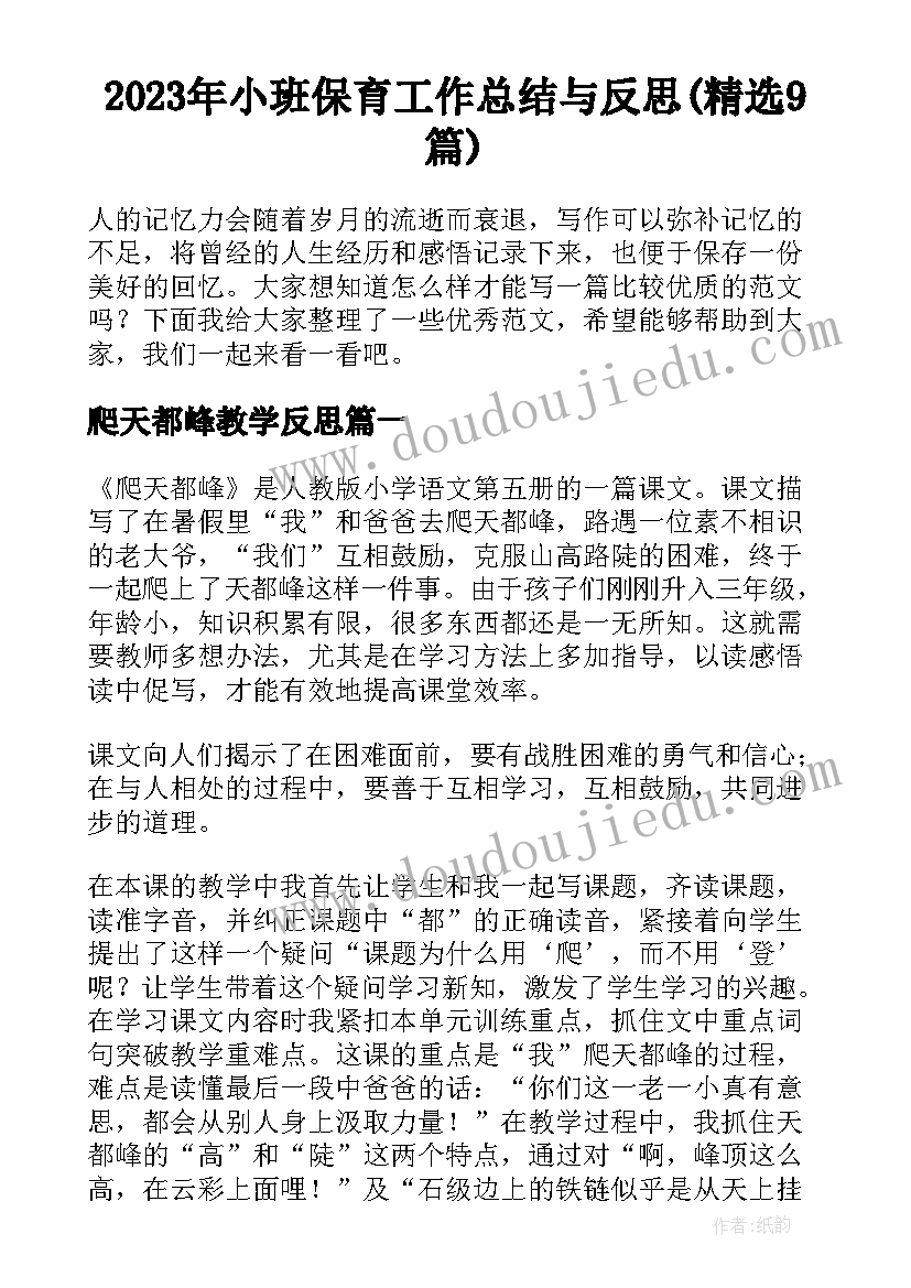 2023年小班保育工作总结与反思(精选9篇)