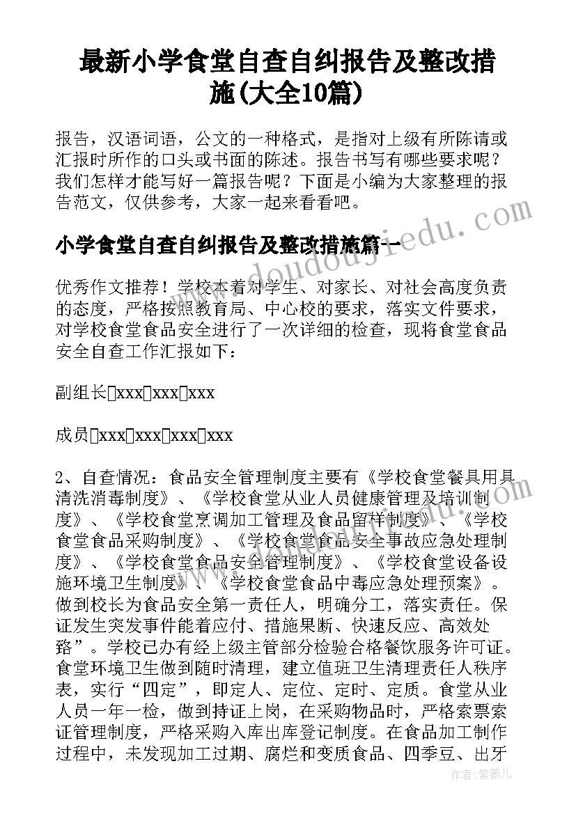 最新小学食堂自查自纠报告及整改措施(大全10篇)