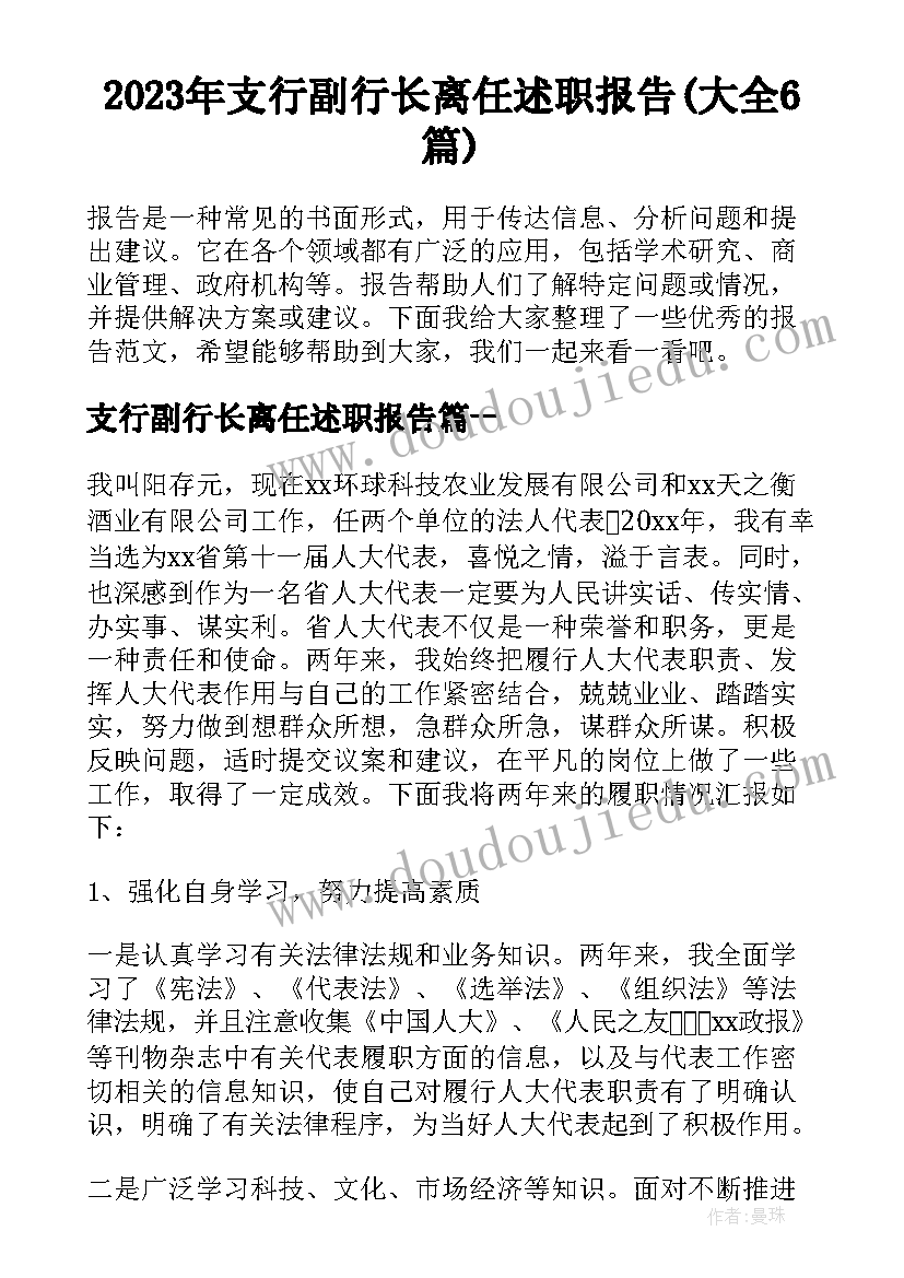 2023年支行副行长离任述职报告(大全6篇)