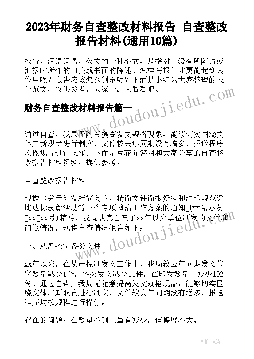 2023年财务自查整改材料报告 自查整改报告材料(通用10篇)