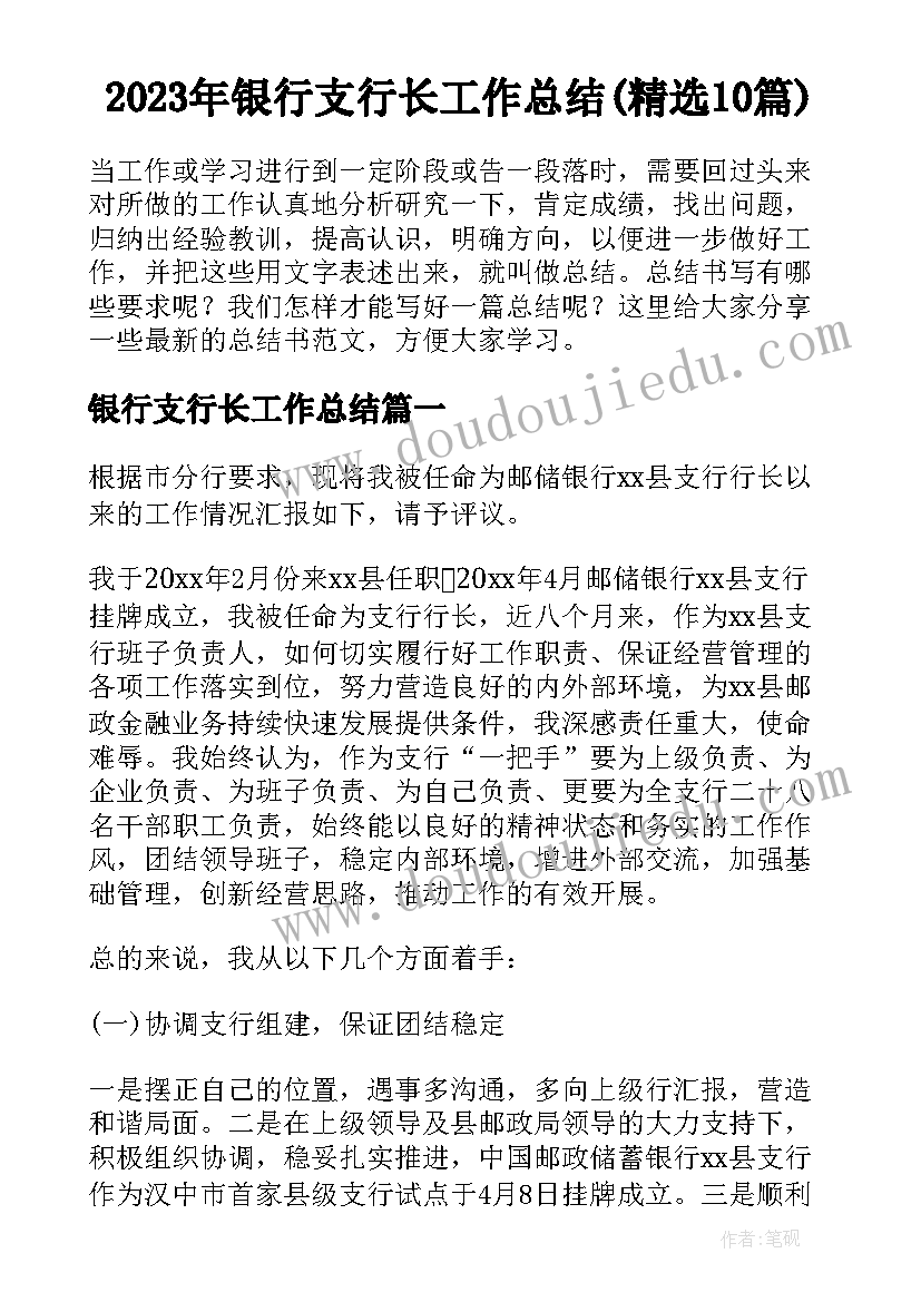 2023年银行支行长工作总结(精选10篇)