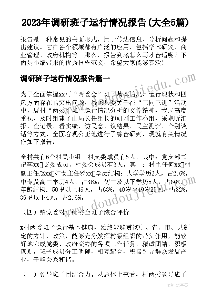 2023年调研班子运行情况报告(大全5篇)