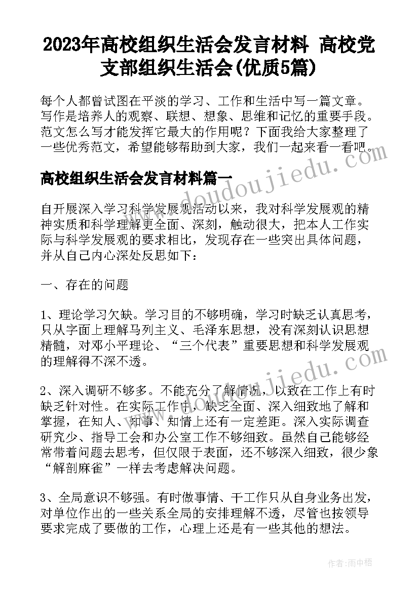 2023年高校组织生活会发言材料 高校党支部组织生活会(优质5篇)