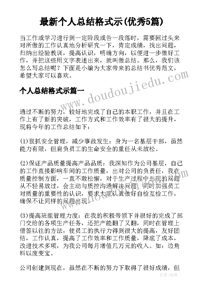 最新个人总结格式示(优秀5篇)