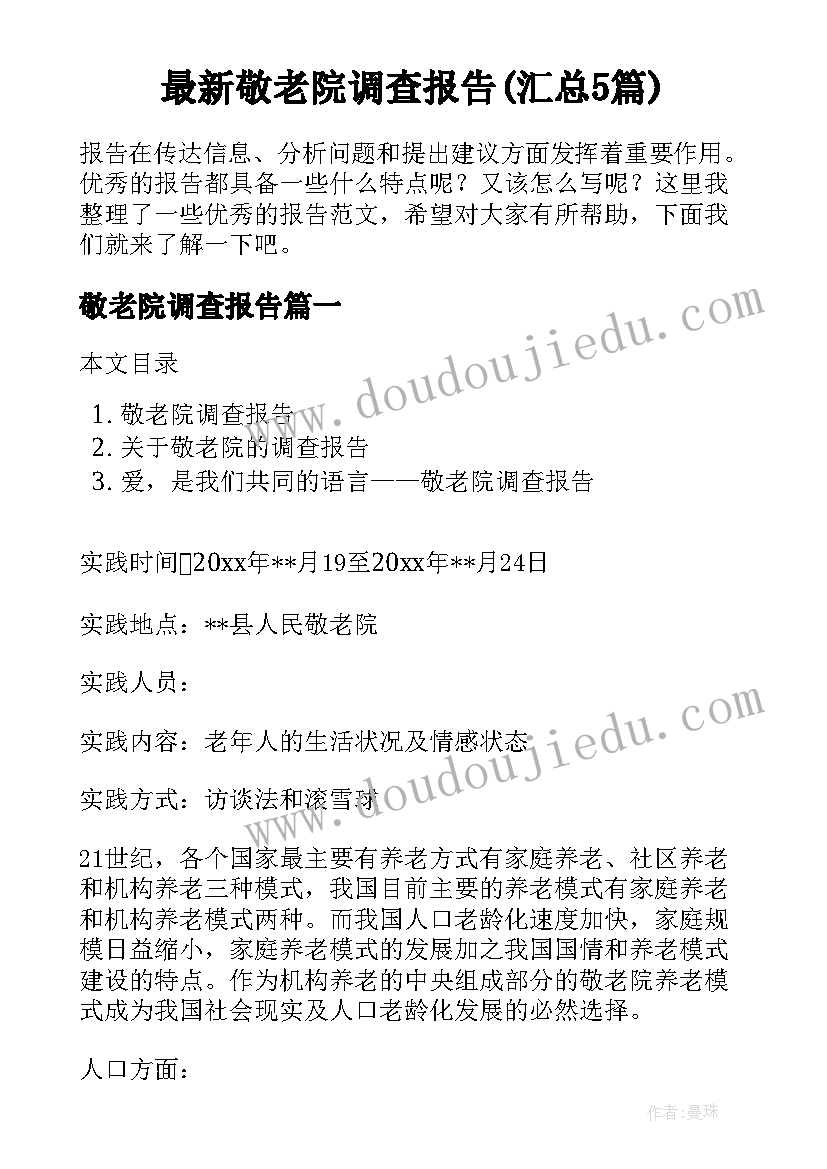 最新敬老院调查报告(汇总5篇)