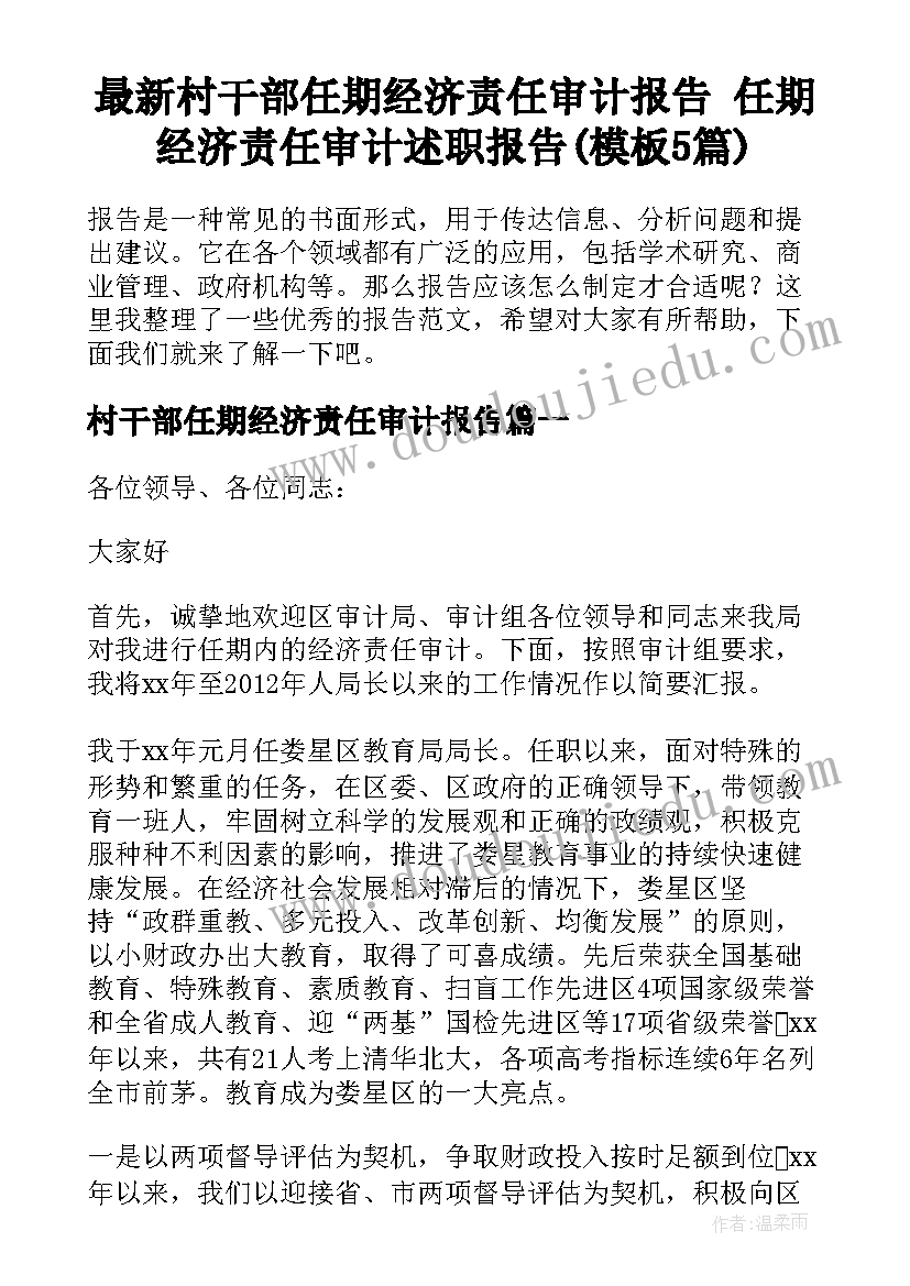 最新村干部任期经济责任审计报告 任期经济责任审计述职报告(模板5篇)