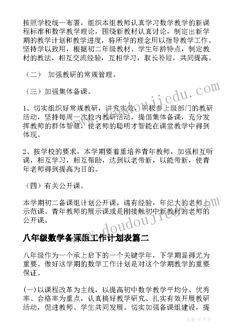 八年级数学备课组工作计划表(优质6篇)