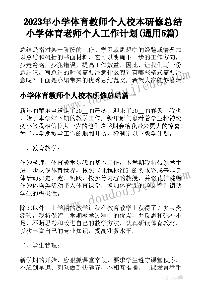 2023年小学体育教师个人校本研修总结 小学体育老师个人工作计划(通用5篇)