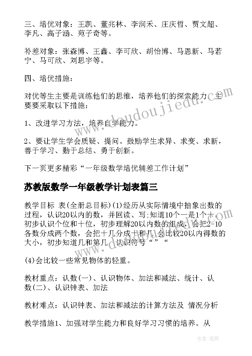 2023年苏教版数学一年级教学计划表 一年级数学苏教版教学计划(实用5篇)