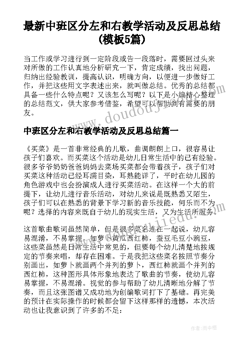 最新中班区分左和右教学活动及反思总结(模板5篇)