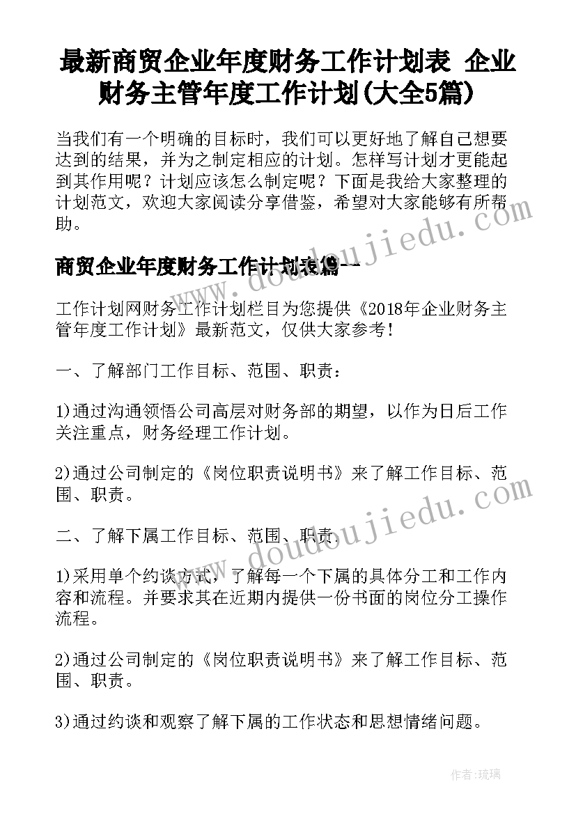 最新商贸企业年度财务工作计划表 企业财务主管年度工作计划(大全5篇)