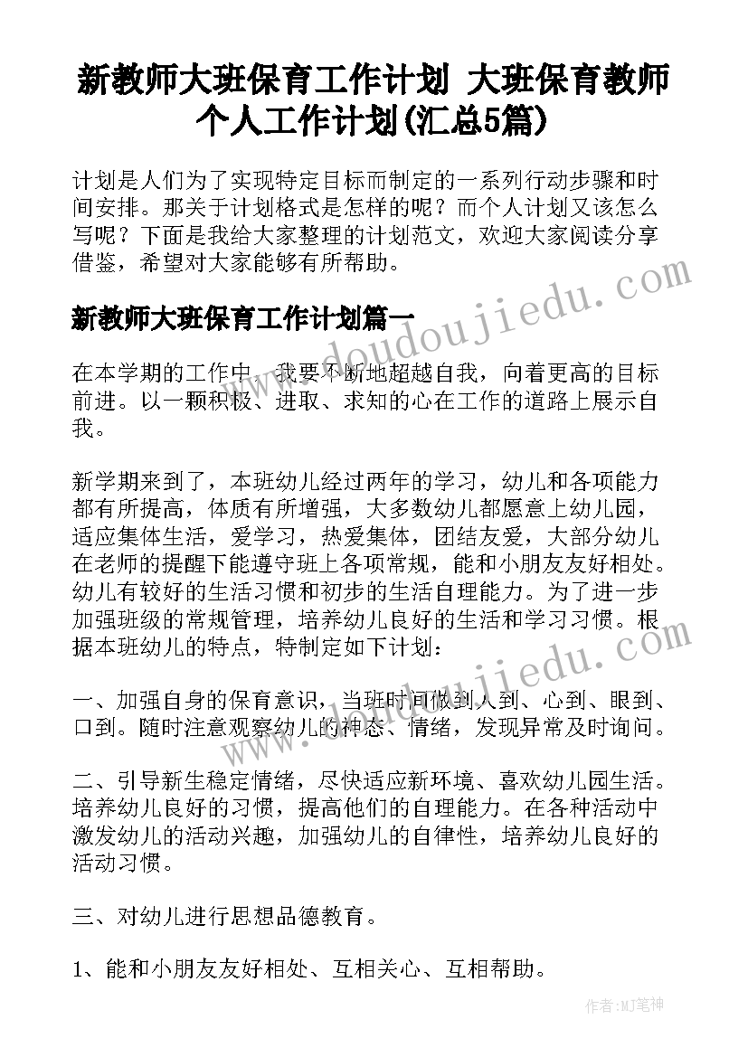 新教师大班保育工作计划 大班保育教师个人工作计划(汇总5篇)