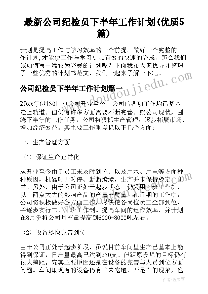 最新公司纪检员下半年工作计划(优质5篇)