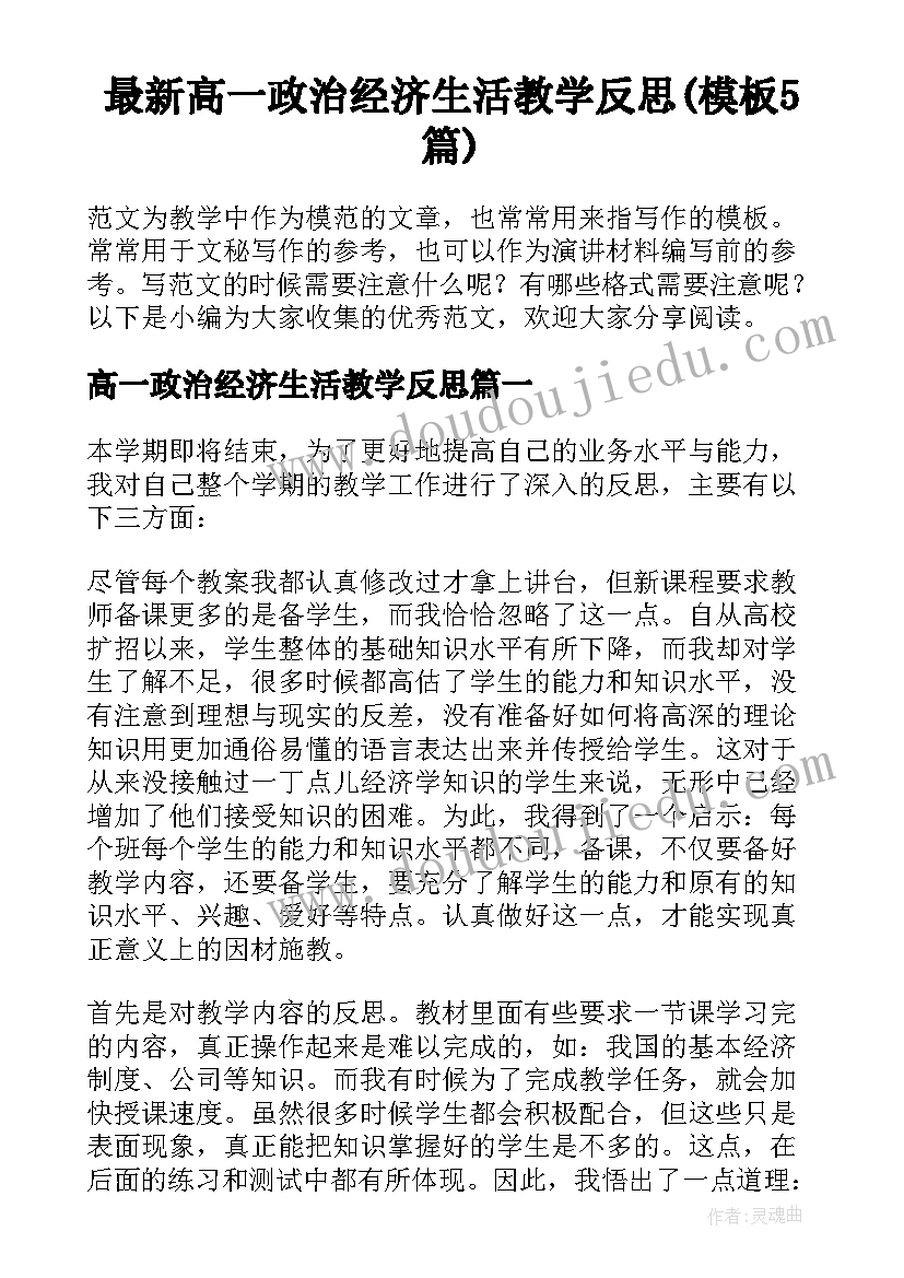 最新高一政治经济生活教学反思(模板5篇)