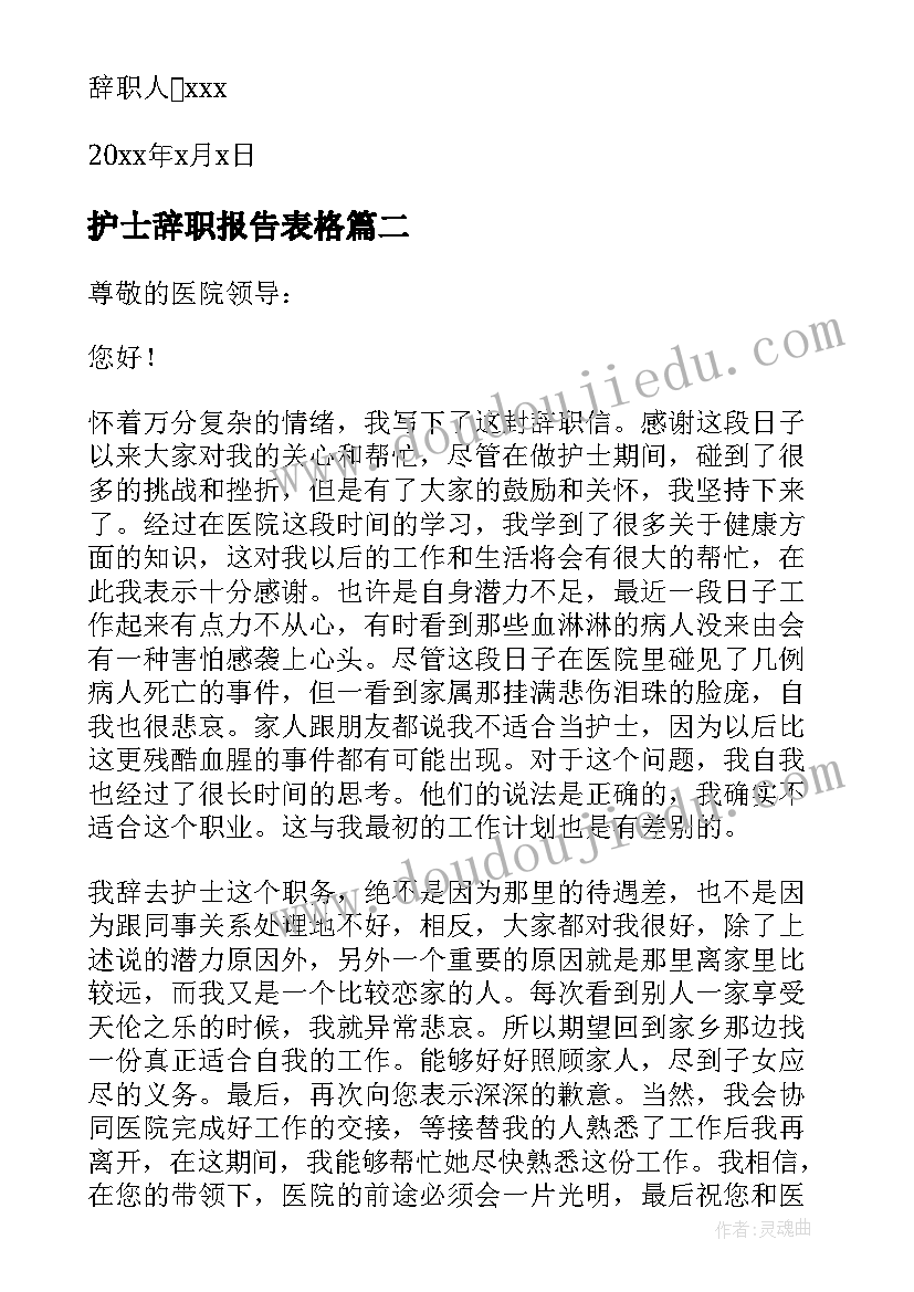 护士辞职报告表格 急诊科护士辞职报告医院护士辞职报告(模板7篇)