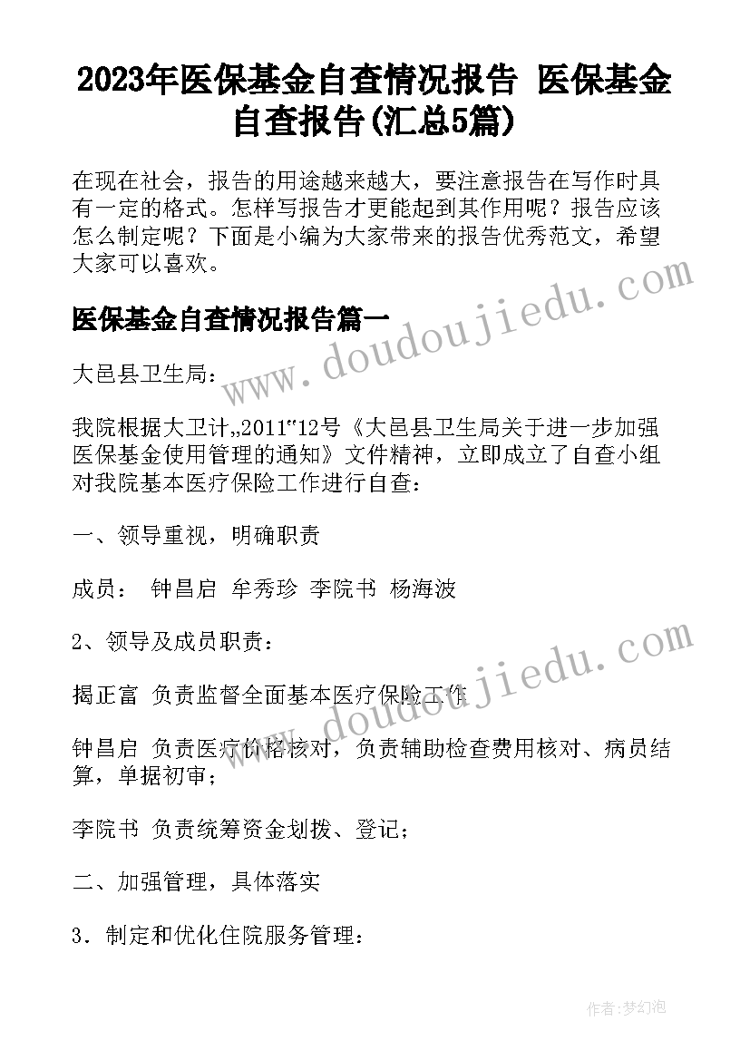 2023年医保基金自查情况报告 医保基金自查报告(汇总5篇)