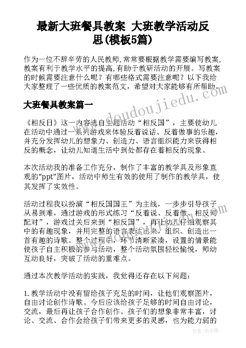 最新大班餐具教案 大班教学活动反思(模板5篇)