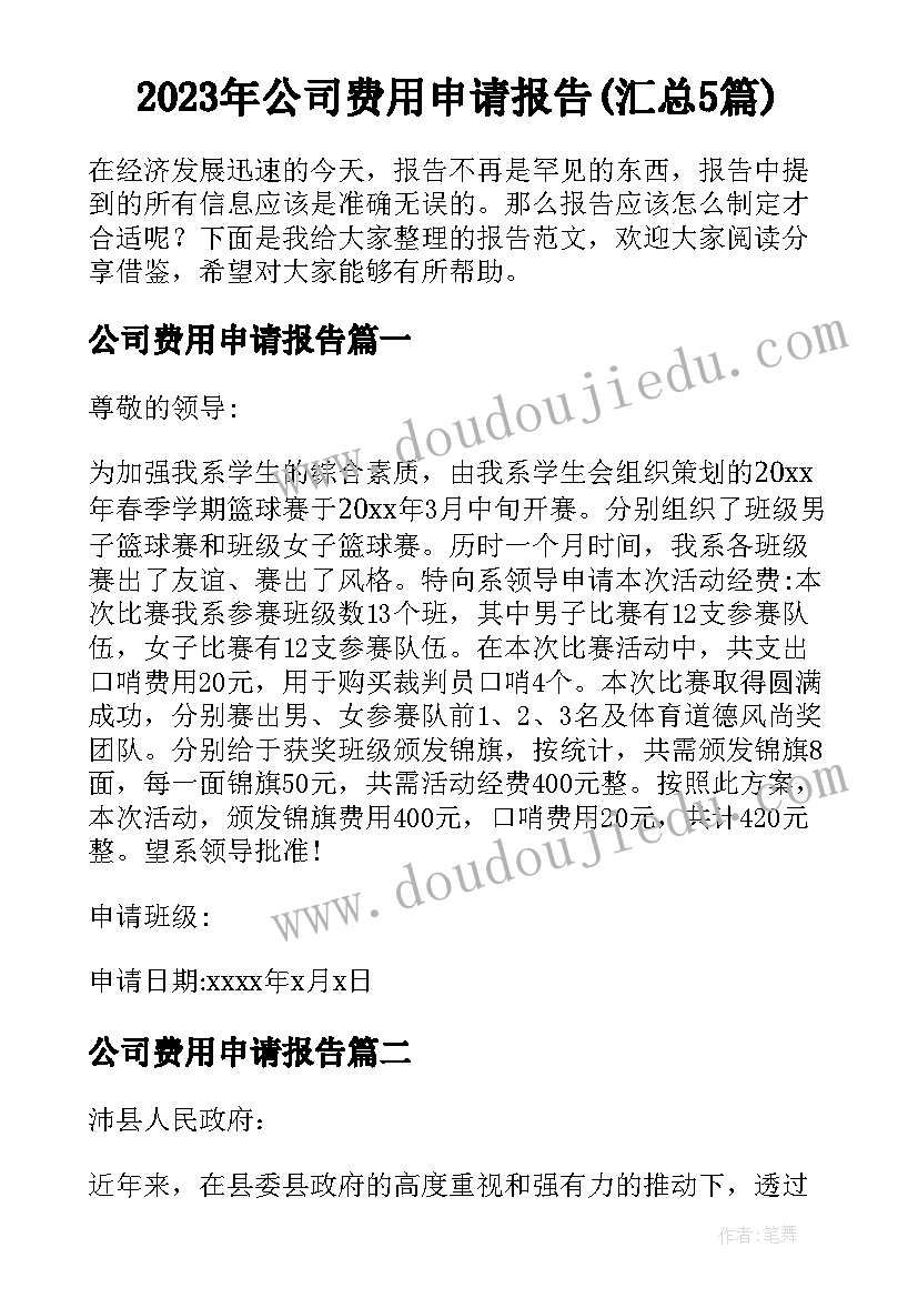 2023年公司费用申请报告(汇总5篇)