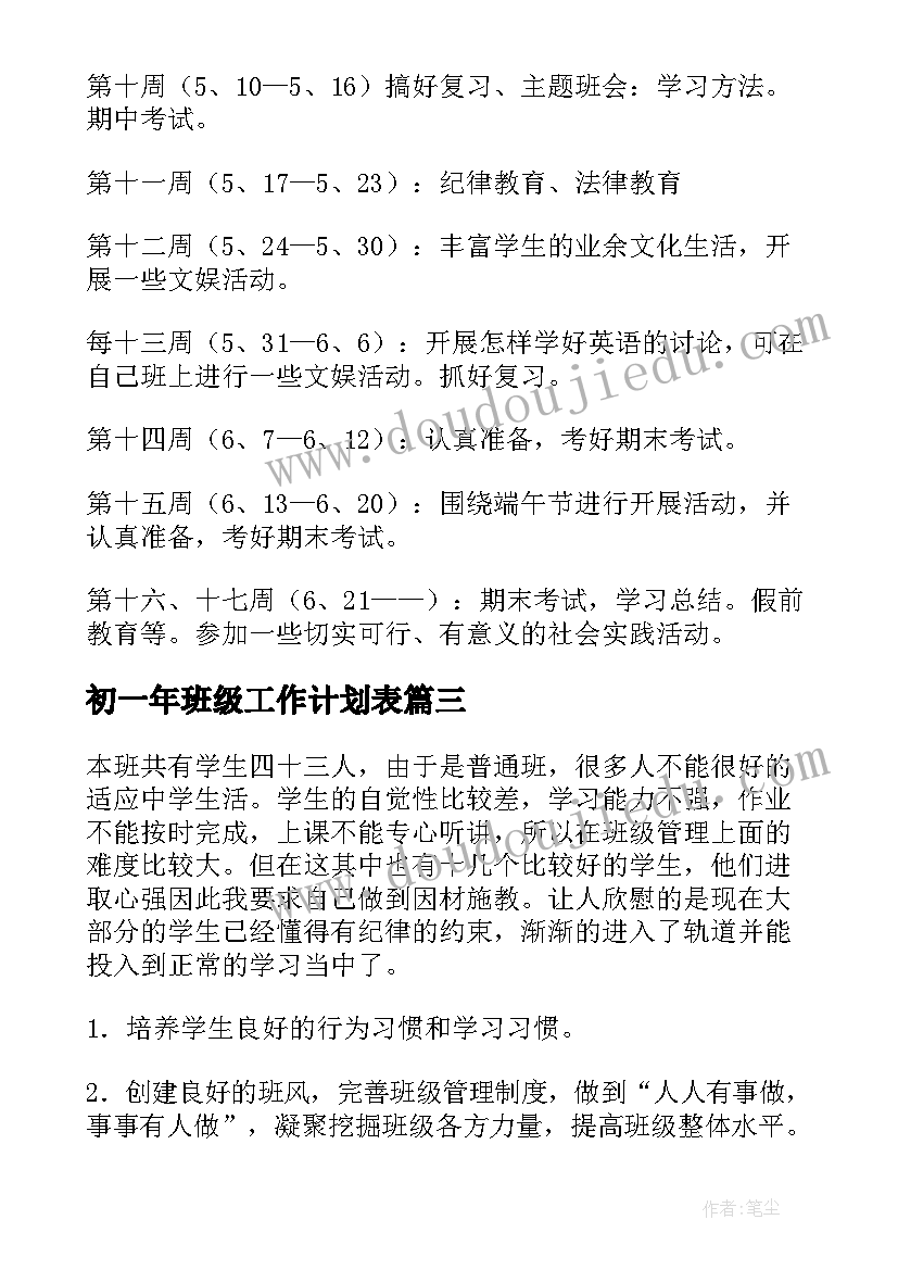 最新初一年班级工作计划表(通用10篇)