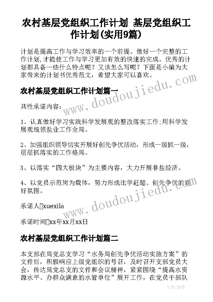 农村基层党组织工作计划 基层党组织工作计划(实用9篇)