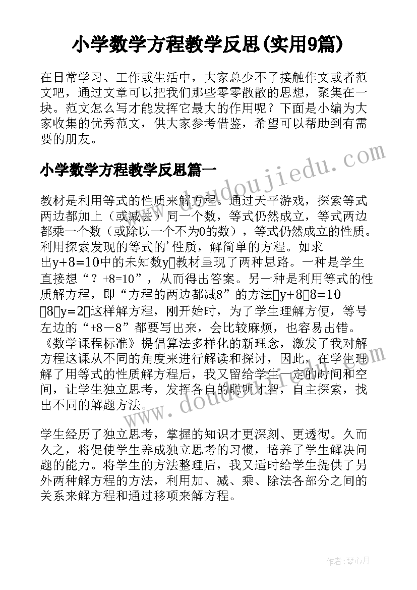 小学数学方程教学反思(实用9篇)