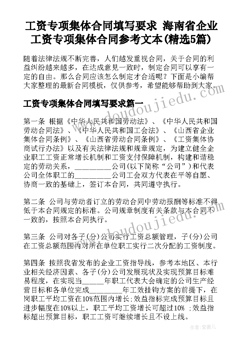 工资专项集体合同填写要求 海南省企业工资专项集体合同参考文本(精选5篇)