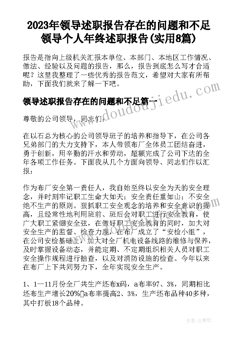 2023年领导述职报告存在的问题和不足 领导个人年终述职报告(实用8篇)