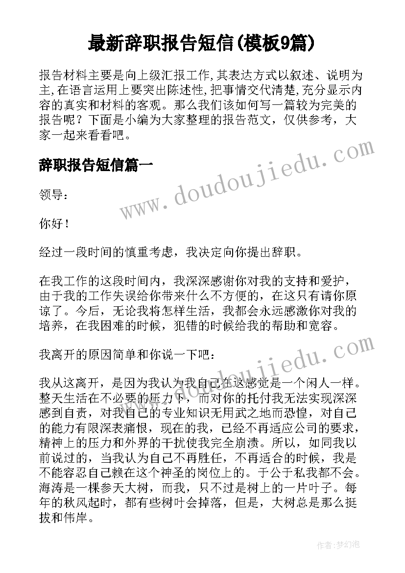 最新辞职报告短信(模板9篇)