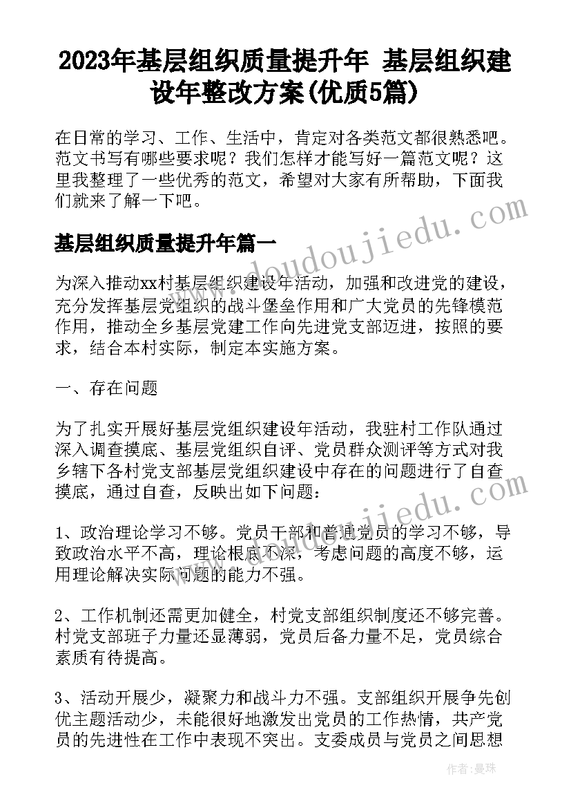 2023年基层组织质量提升年 基层组织建设年整改方案(优质5篇)