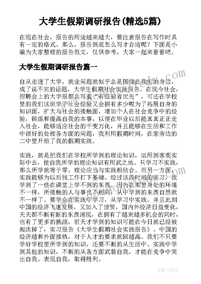 大学生假期调研报告(精选5篇)