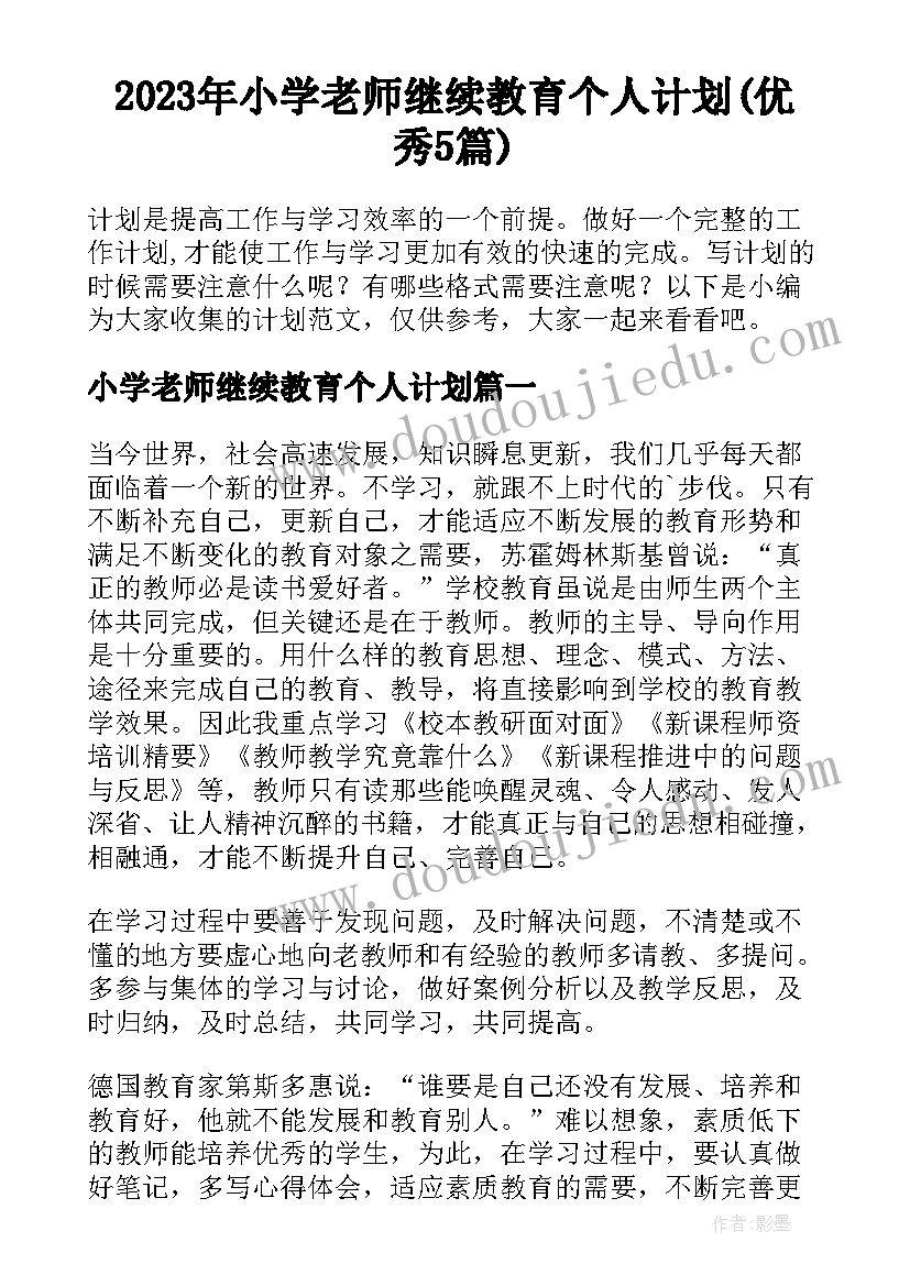 2023年小学老师继续教育个人计划(优秀5篇)