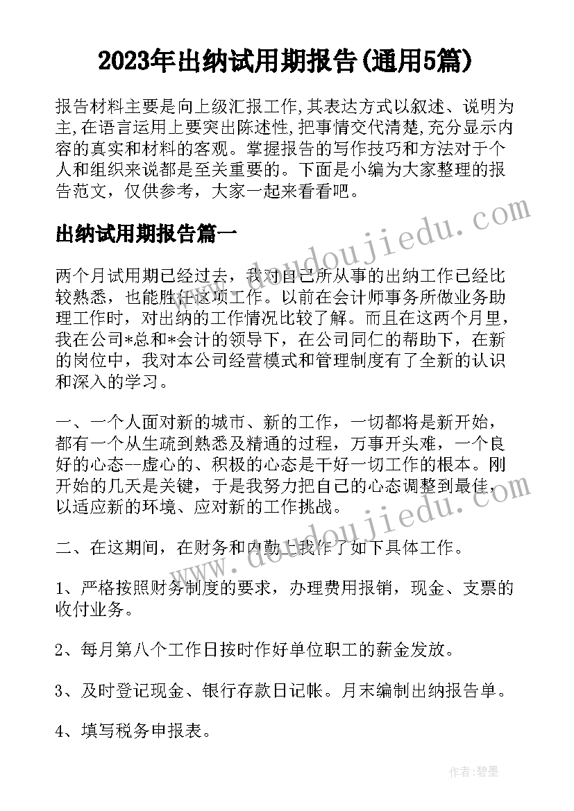 2023年出纳试用期报告(通用5篇)