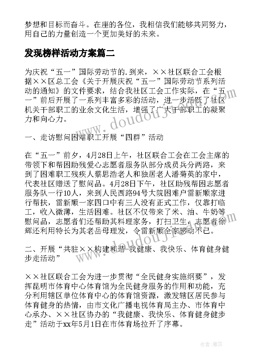 2023年发现榜样活动方案(实用8篇)