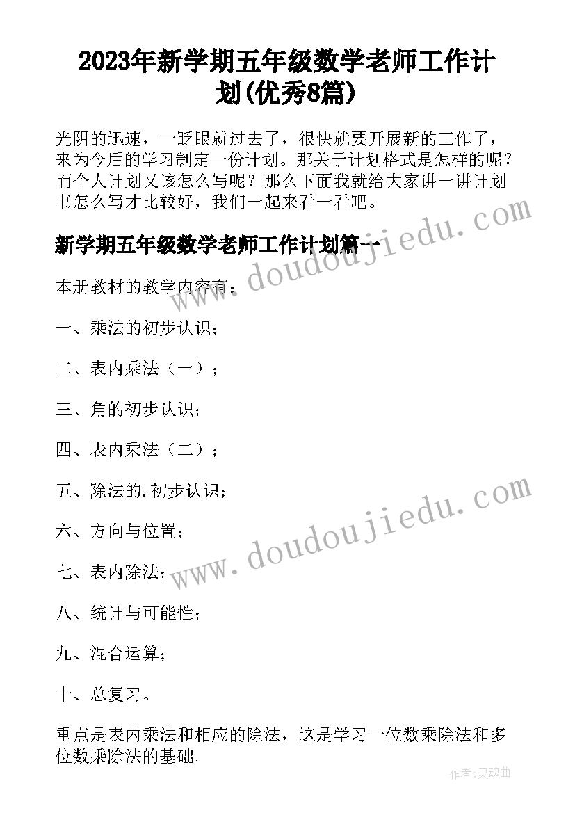 2023年新学期五年级数学老师工作计划(优秀8篇)