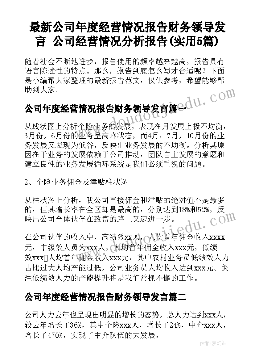 最新公司年度经营情况报告财务领导发言 公司经营情况分析报告(实用5篇)