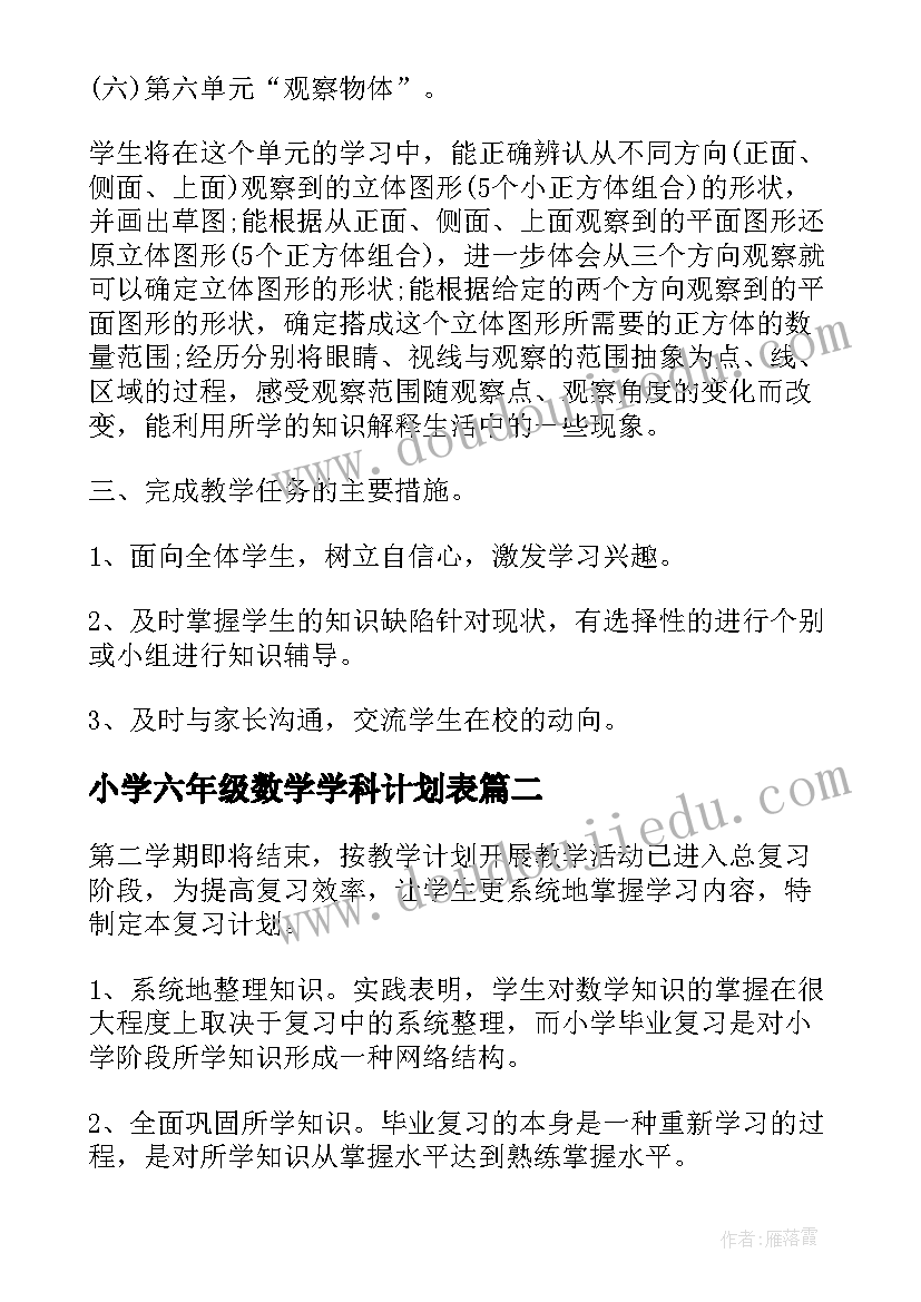 小学六年级数学学科计划表 六年级数学科教学计划(精选7篇)