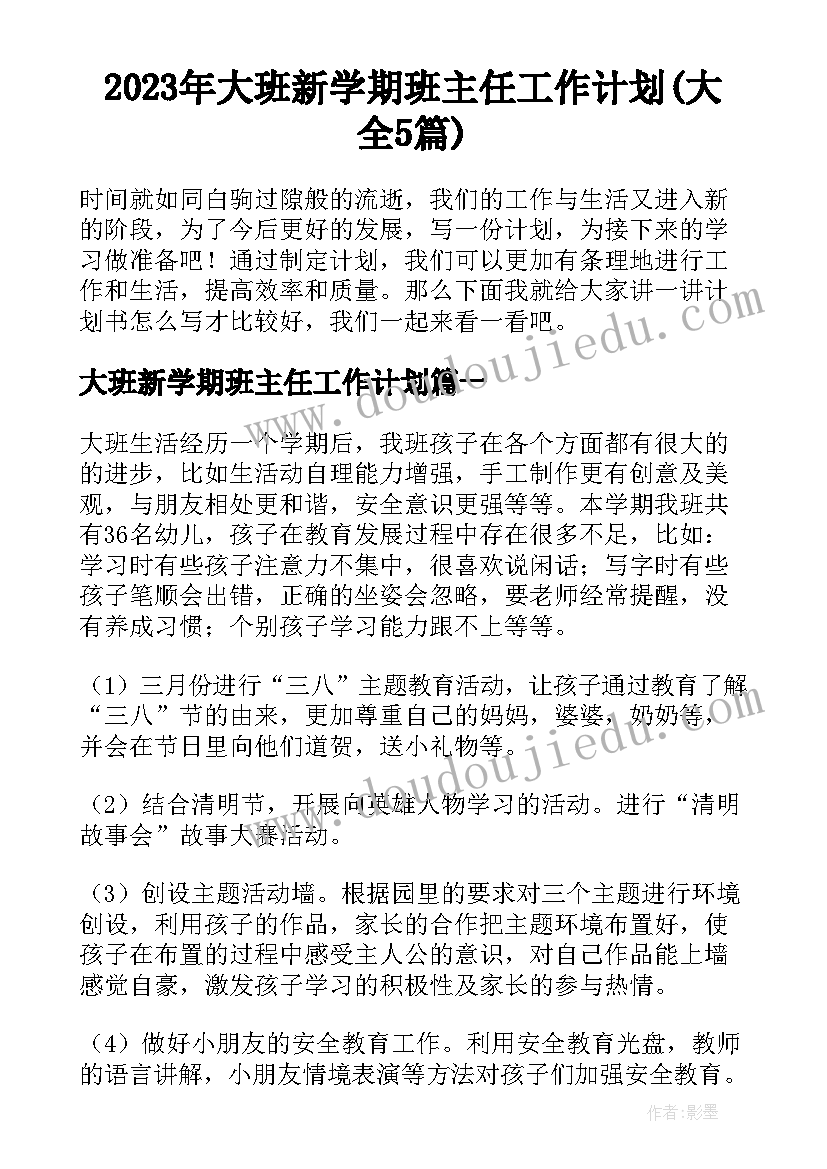 2023年大班新学期班主任工作计划(大全5篇)