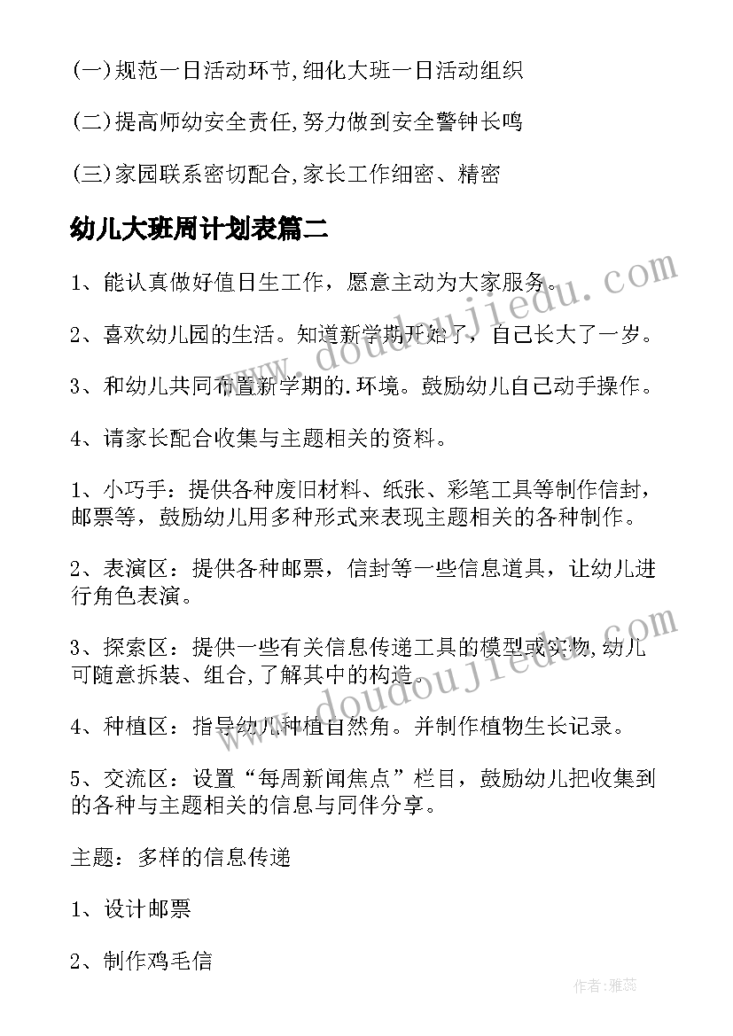 最新幼儿大班周计划表 幼儿园大班周计划(优质9篇)