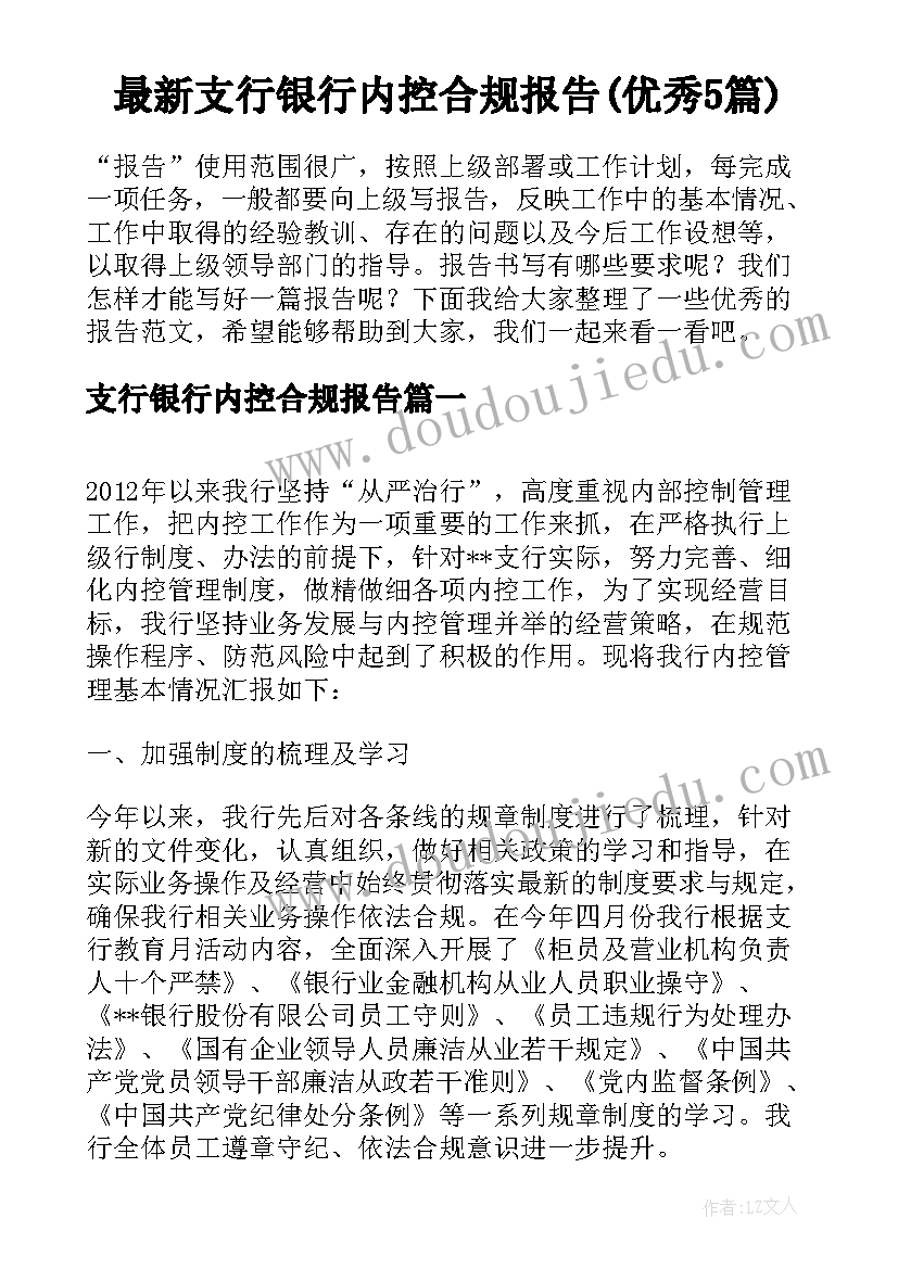 最新支行银行内控合规报告(优秀5篇)