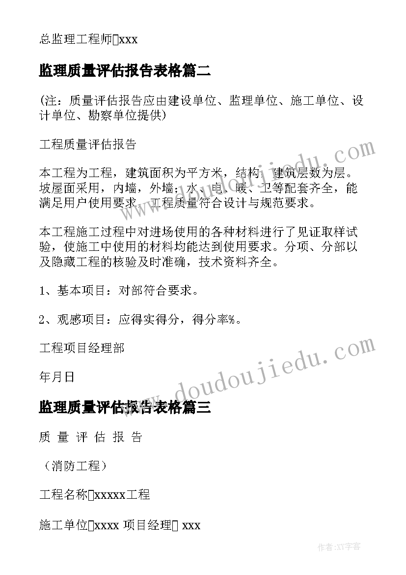 最新监理质量评估报告表格(通用5篇)