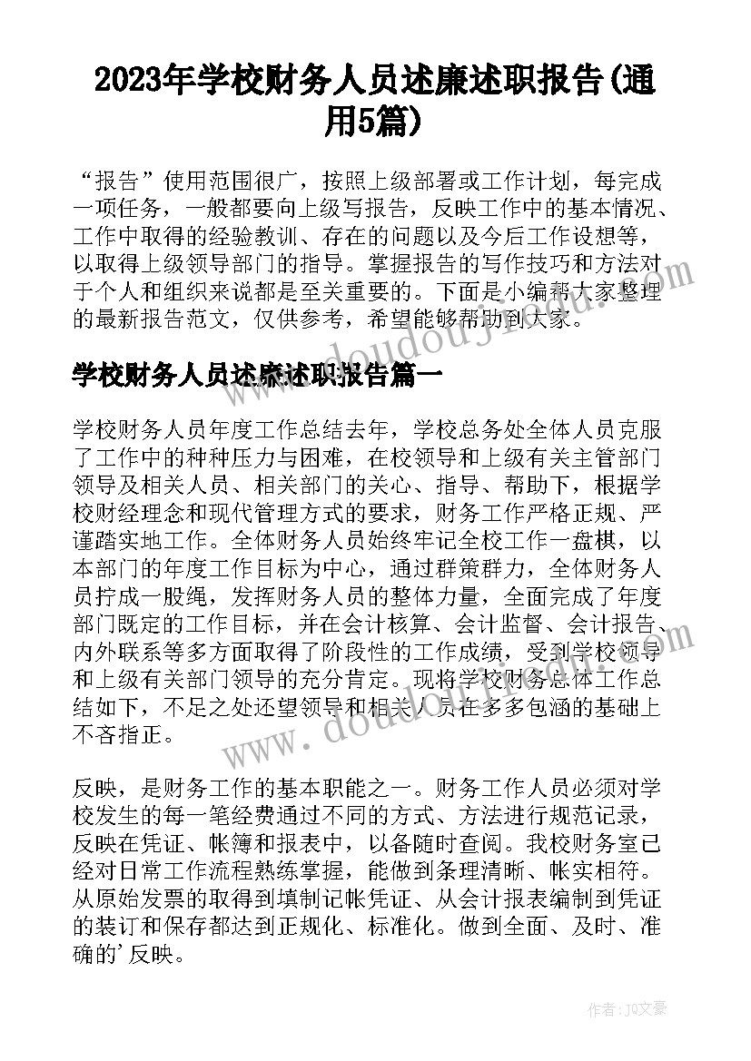 2023年学校财务人员述廉述职报告(通用5篇)