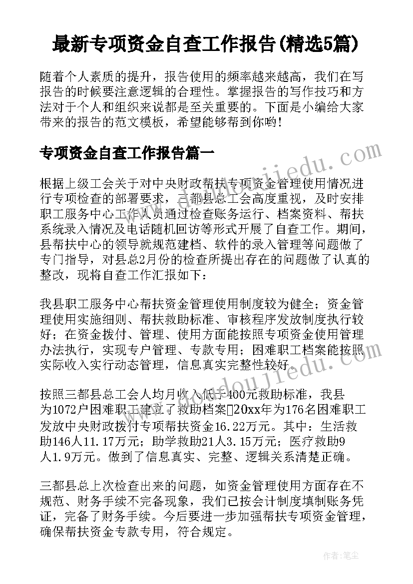 最新专项资金自查工作报告(精选5篇)